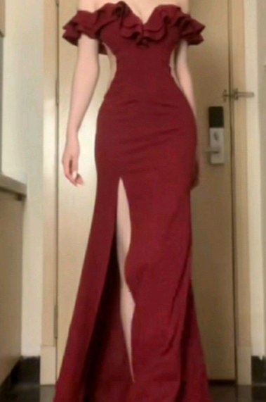 Formal Mermaid Off The Shoulder Burgundy Satin Slit Long Prom Dress, Evening Dress