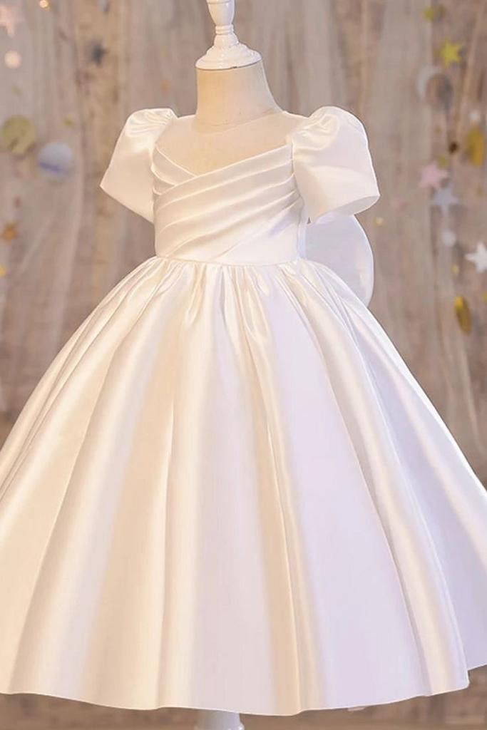 Simple A Line Pleated Satin With Short Sleeves Flower Girl Dress