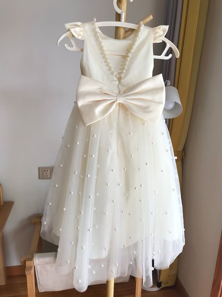 Sweet A Line Satin Tulle Pearl Bead Back With Bow Knot Flower Girl Dress