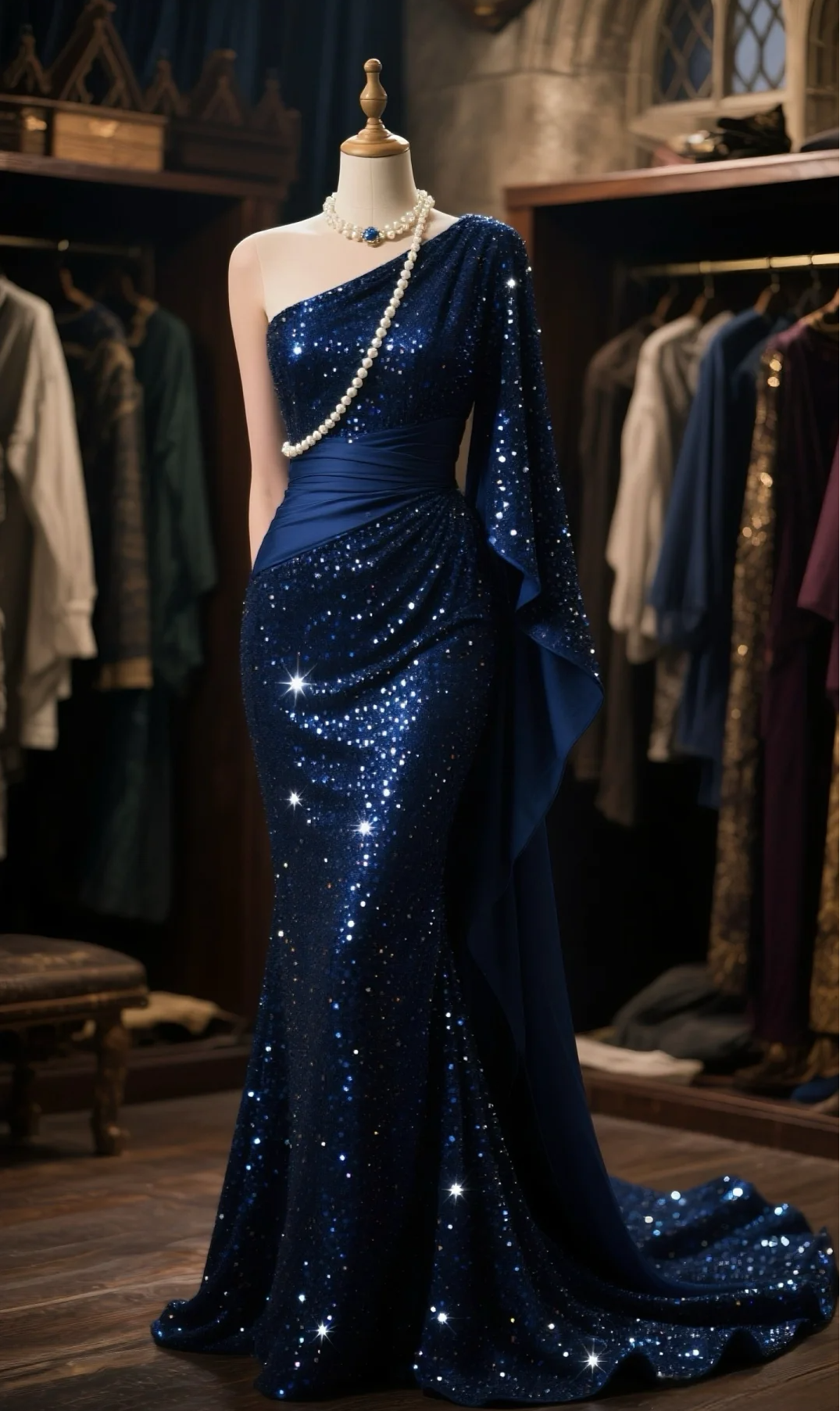 Formal Mermaid Navy Satin Sequin One Shoulder Cape Long Prom Dress, Evening Dress