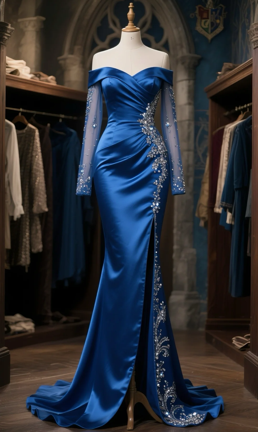 Elegant Style Mermaid Off The Shoulder Satin Tulle Long Sleeves Beaded Slit Long Prom Dress, Evening Dress