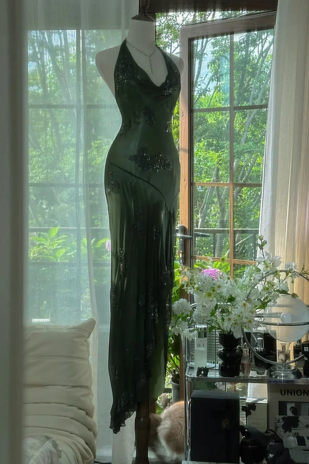 Sexy Mermaid Halter Dark Green Chiffon Sequin Long Prom Dress, Evening Dress