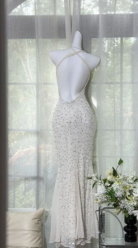 Modest Mermaid Halter Chiffon Sequin Backless Long Prom Dress, Evening Dress