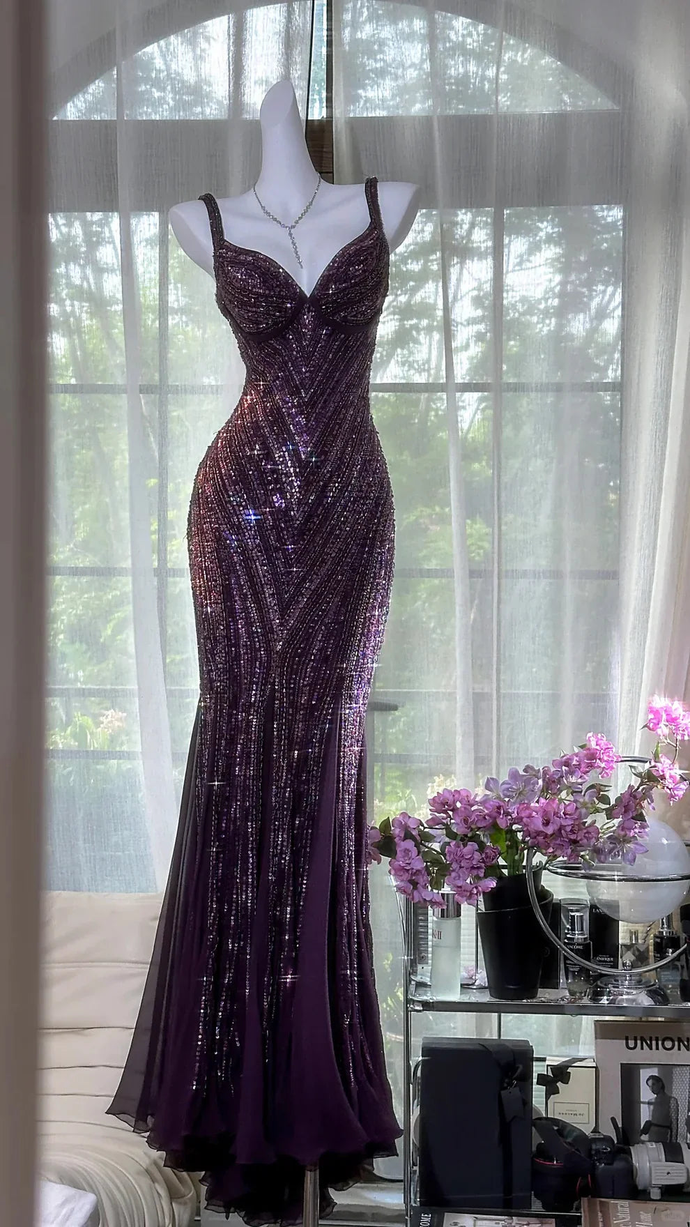 Grape Mermaid Spaghetti Straps Chiffon Sequin Long Prom Dress, Evening Dress