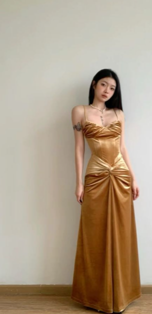Golden Mermaid Spaghetti Straps Pleated Satin Long Prom Dress, Evening Dress
