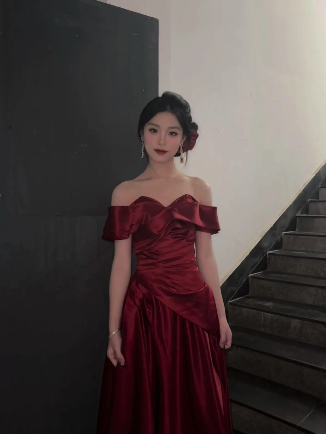 Elegant A Line Off The Shoulder Burgundy Satin Long Prom Dress, Evening Dress
