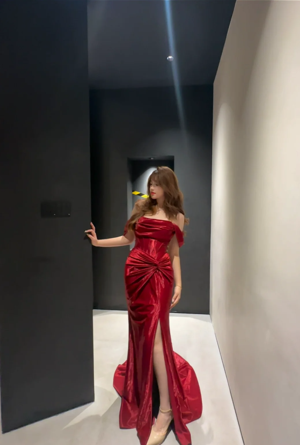 Elegant Pretty Mermaid Off The Shoulder Burgundy Satin Slit Long Prom Dress, Evening Dress