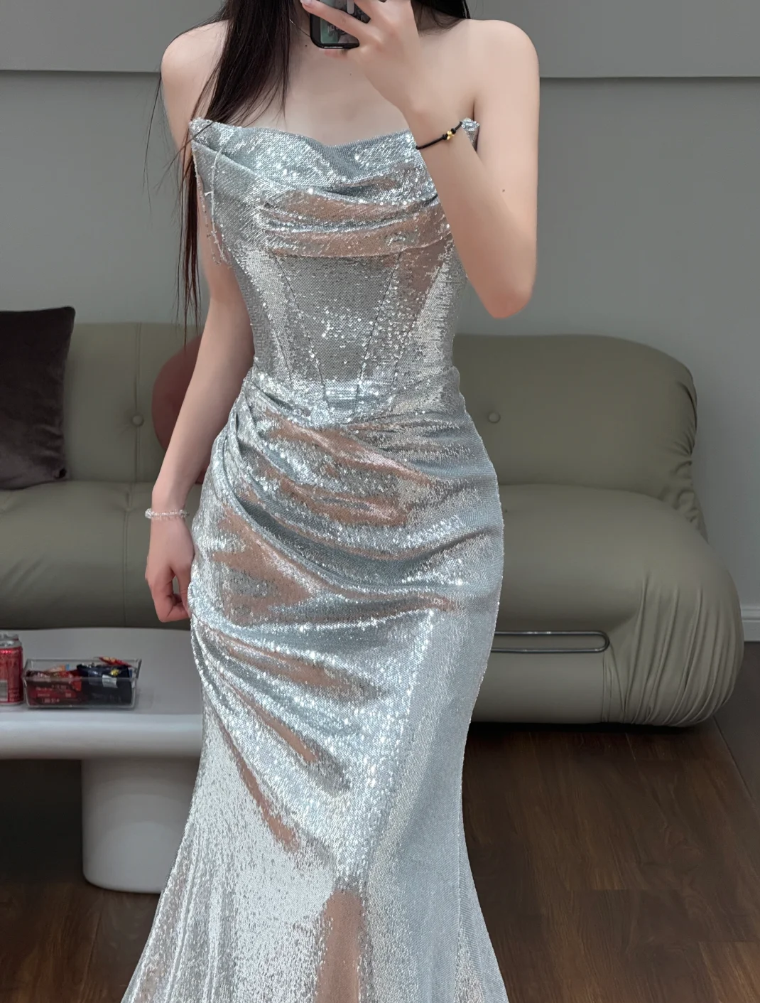 Shiny Silver Mermaid Strapless Satin Sequin Long Prom Dress, Evening Dress