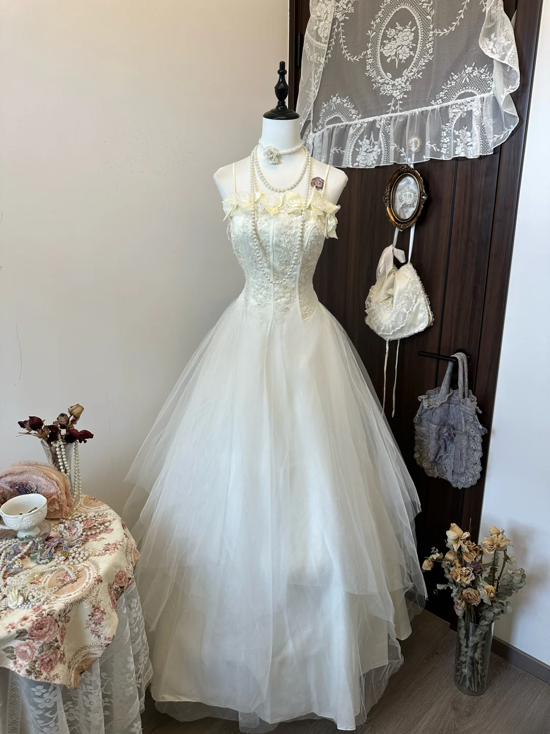 Princess A Line Spaghetti Straps Satin Tulle Lace Long Prom Dress, Evening Dress