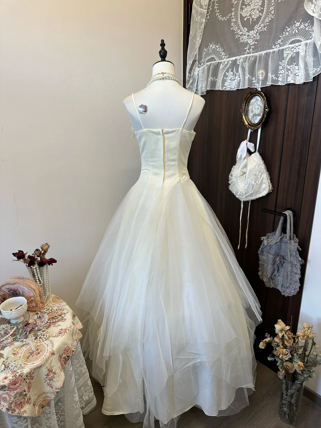 Princess A Line Spaghetti Straps Satin Tulle Lace Long Prom Dress, Evening Dress