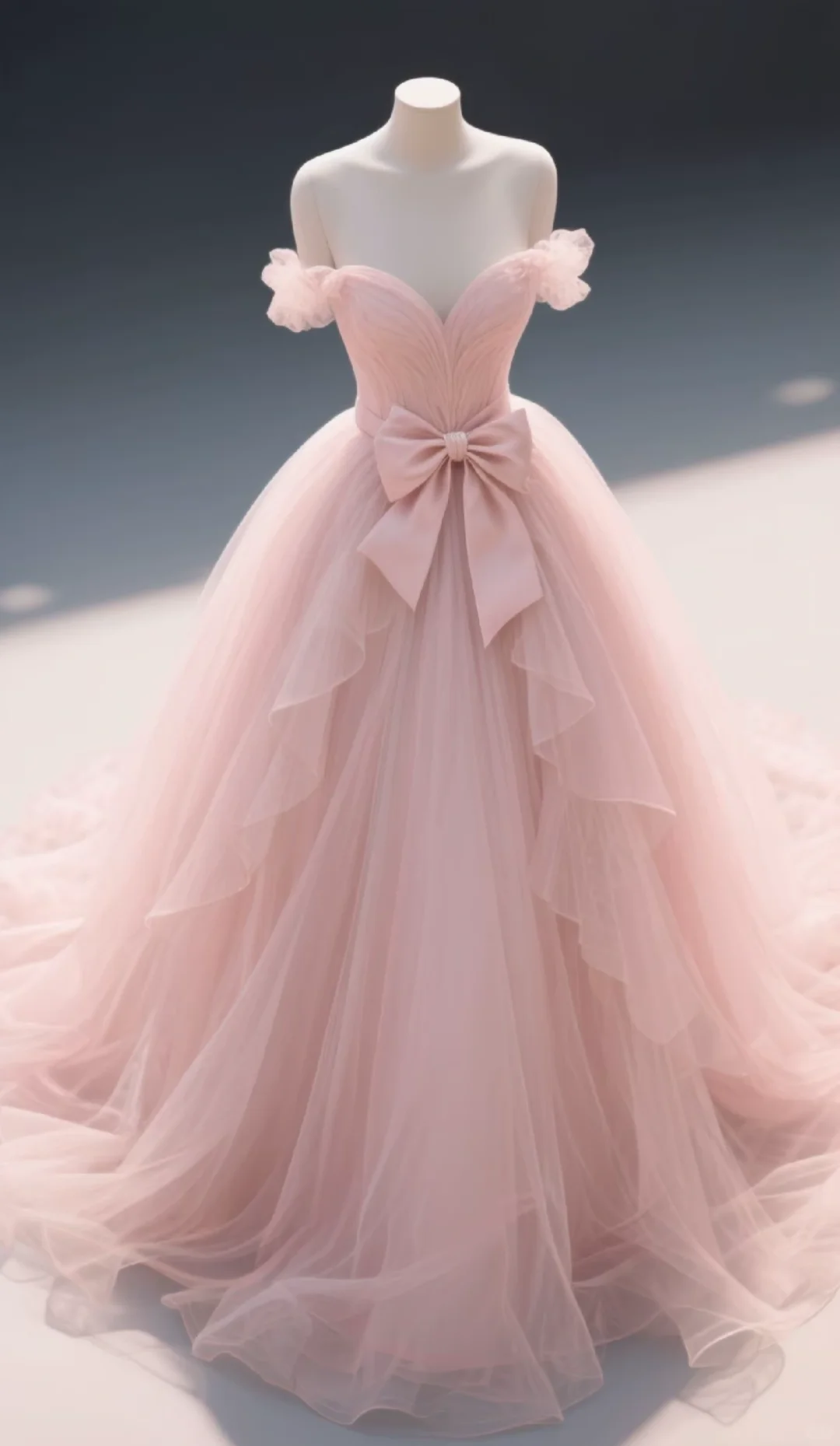 Soft Pink Ball Gown Off The Shoulder Tulle Long Prom Dress, Evening Dress