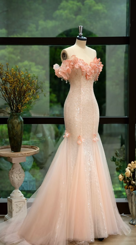Pretty Fashion Mermaid Off The Shoulder Tulle Sequin Long Prom Dress, Evening Dress