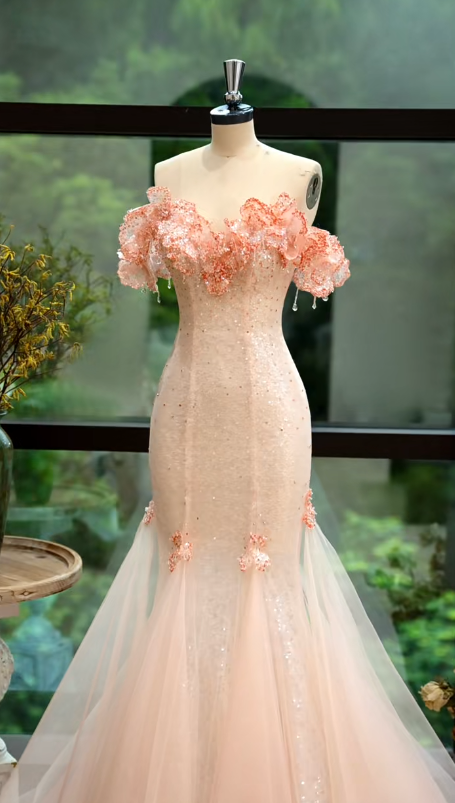 Pretty Fashion Mermaid Off The Shoulder Tulle Sequin Long Prom Dress, Evening Dress