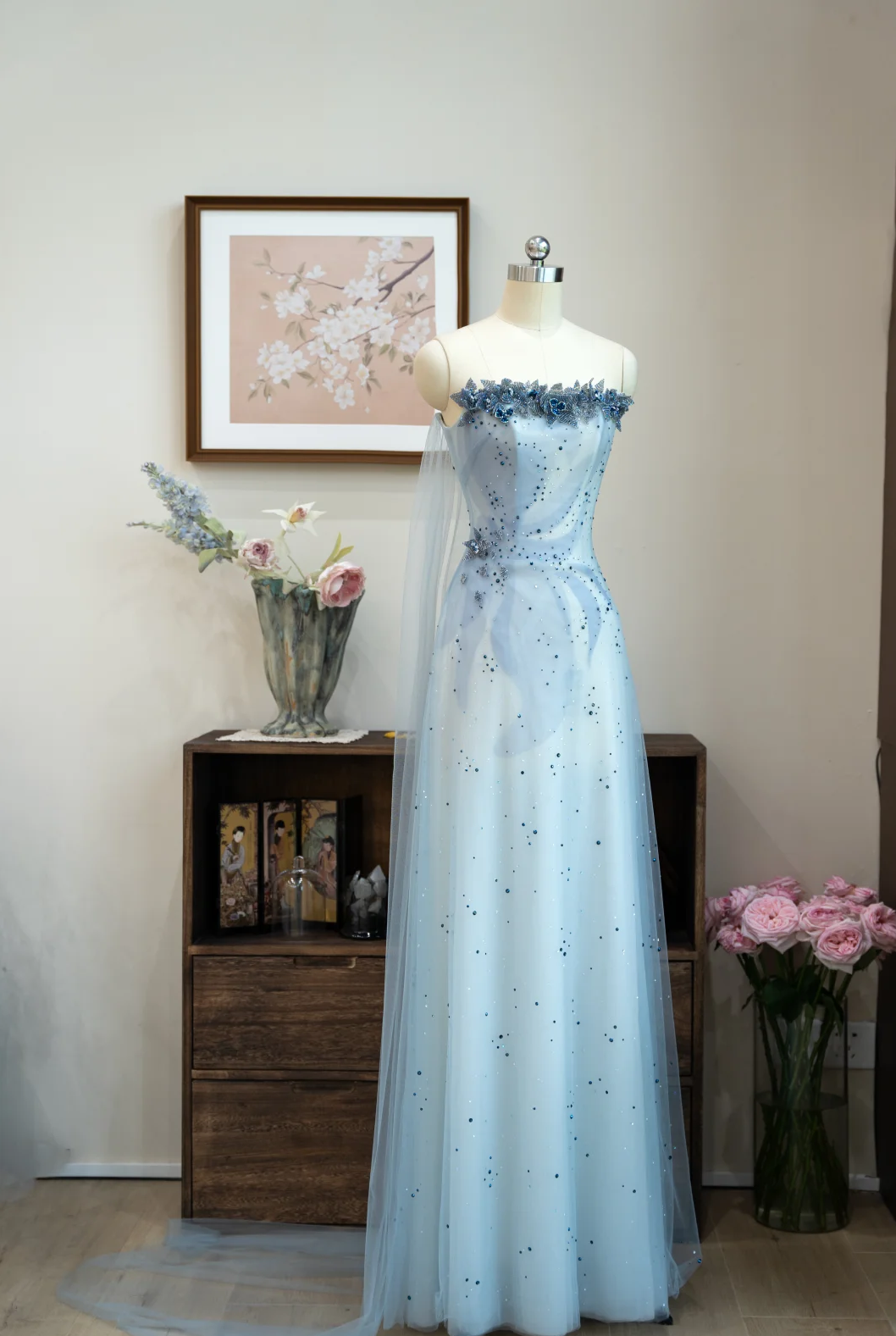 Pretty A Line Spaghetti Straps Tulle Sequin Long Prom Dress, Evening Dress