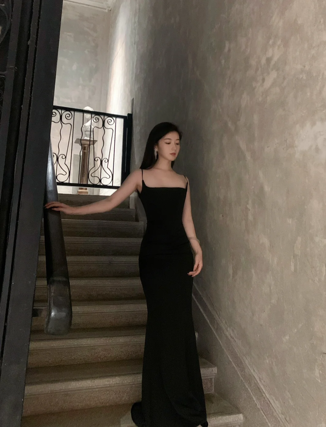 Sexy Mermaid Spaghetti Straps Black Satin Long Prom Dress, Evening Dress