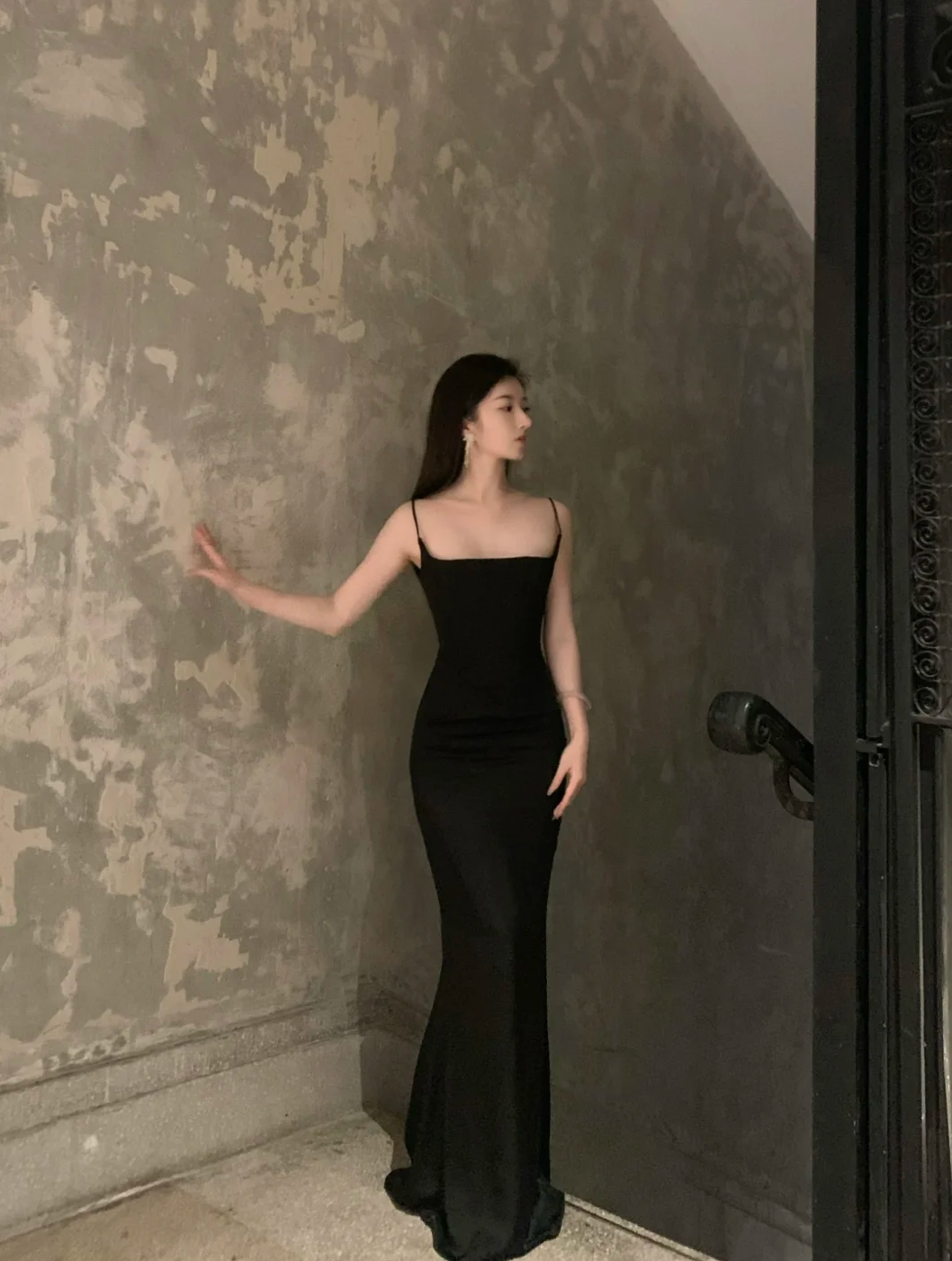 Sexy Mermaid Spaghetti Straps Black Satin Long Prom Dress, Evening Dress