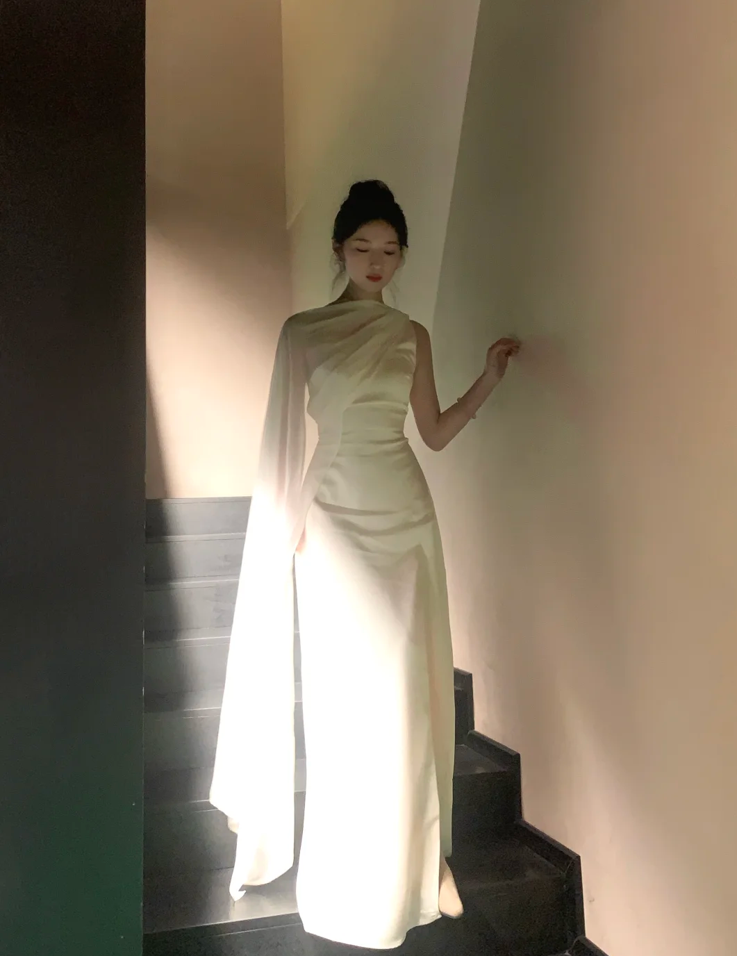 Elegant Mermaid One Shoulder Satin Chiffon Long Prom Dress, Evening Dress