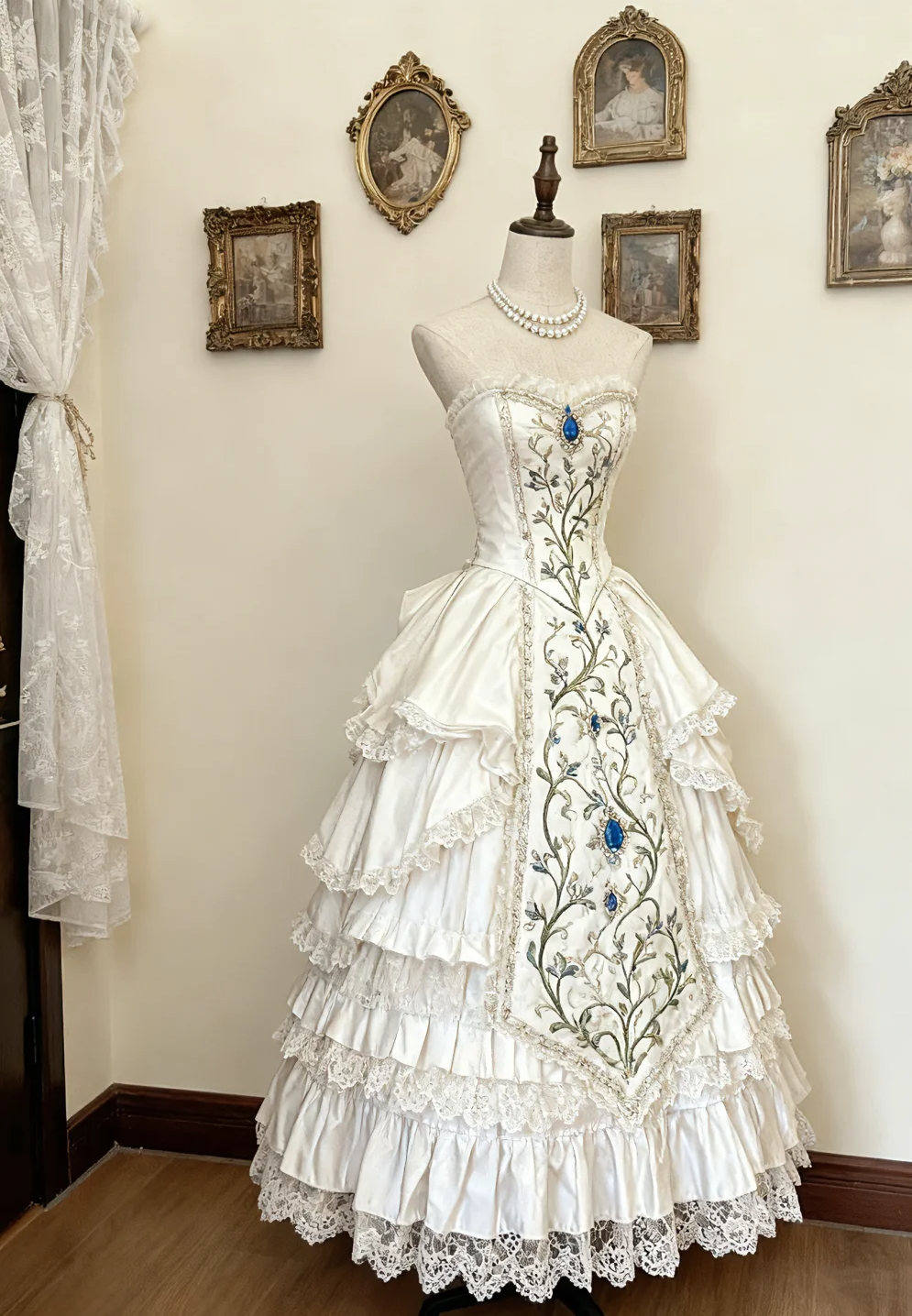 Vintage Ball Gown Sweetheart Tiered Satin Lace Flower Long Prom Dress, Evening Dress