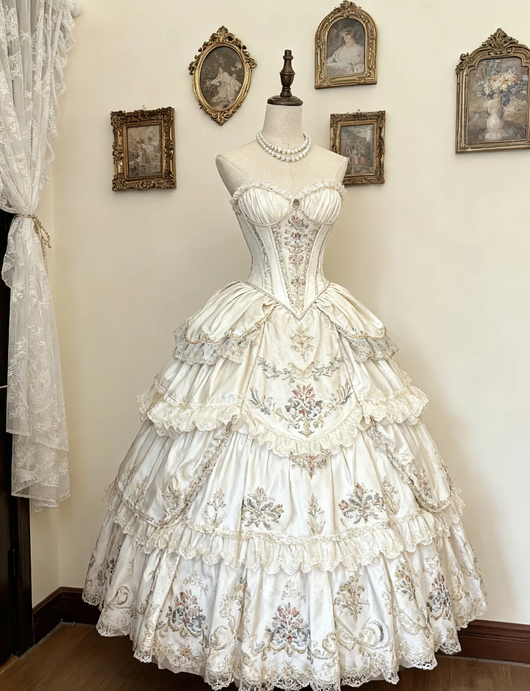 Retro Ball Gown Sweetheart Tiered Satin Lace Floral Long Prom Dress, Evening Dress