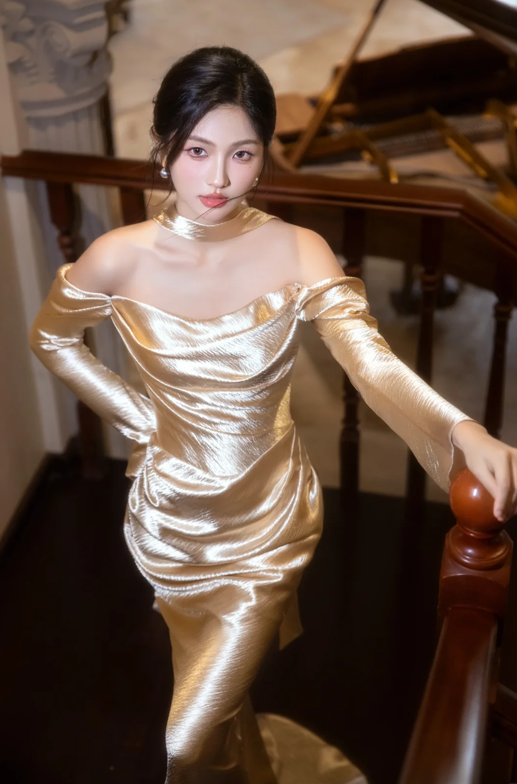 Graceful Mermaid Off The Shoulder Satin With Long Sleeves Long Prom Dress, Evening Dress