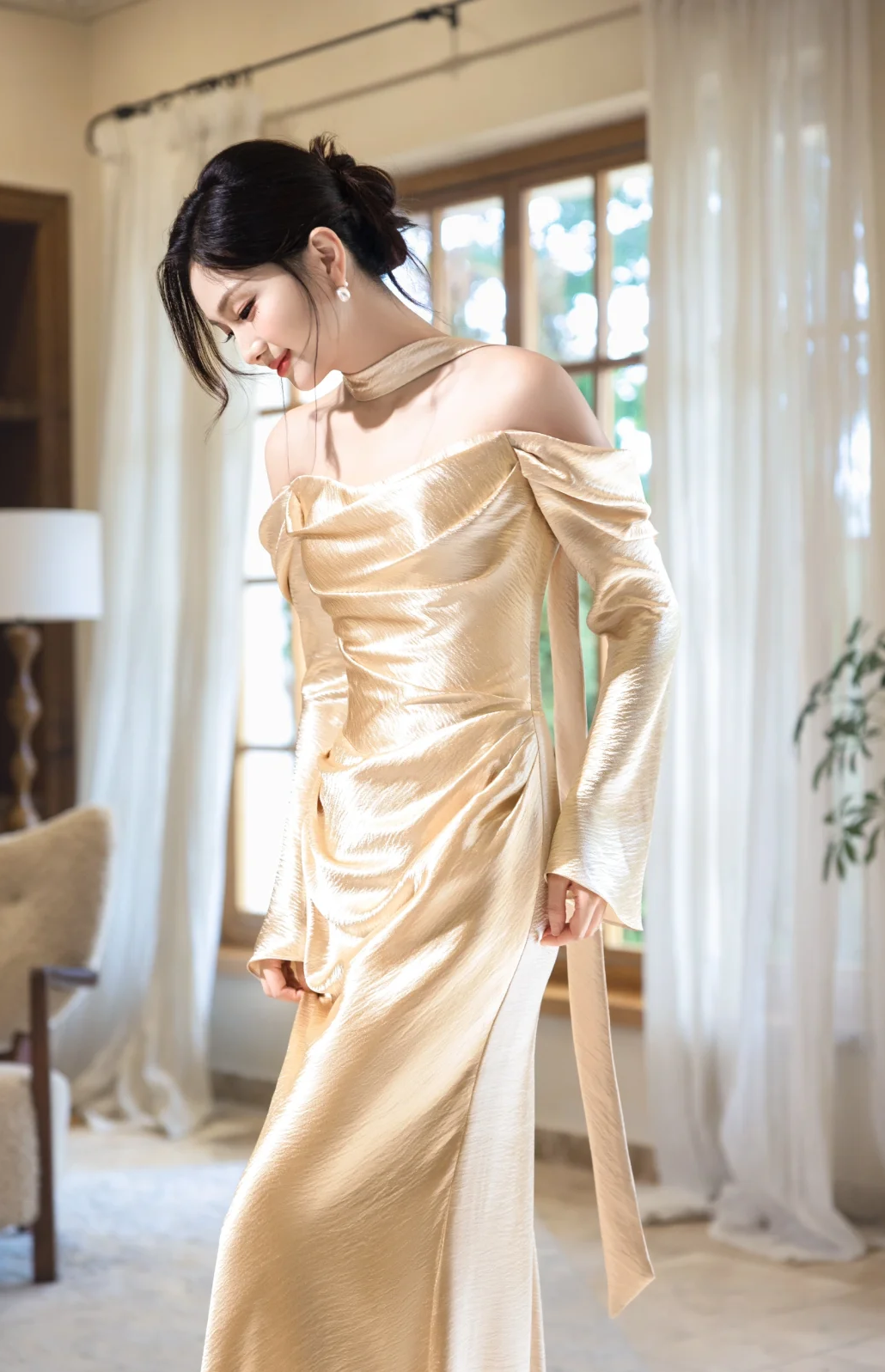 Graceful Mermaid Off The Shoulder Satin With Long Sleeves Long Prom Dress, Evening Dress