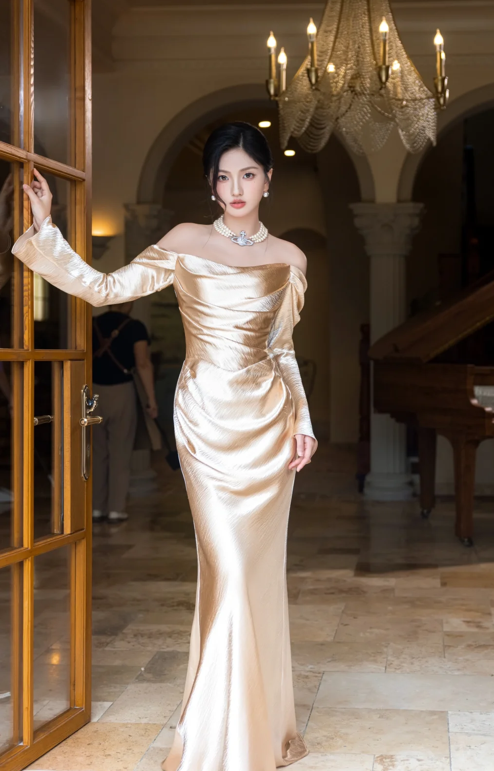 Graceful Mermaid Off The Shoulder Satin With Long Sleeves Long Prom Dress, Evening Dress