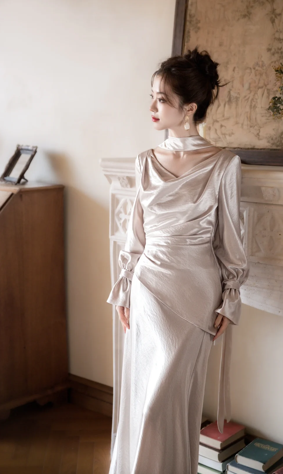 Classy Mermaid V Neck Satin With Long Sleeves Long Prom Dress, Evening Dress