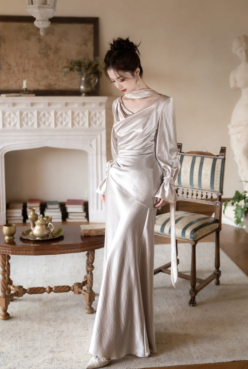 Classy Mermaid V Neck Satin With Long Sleeves Long Prom Dress, Evening Dress