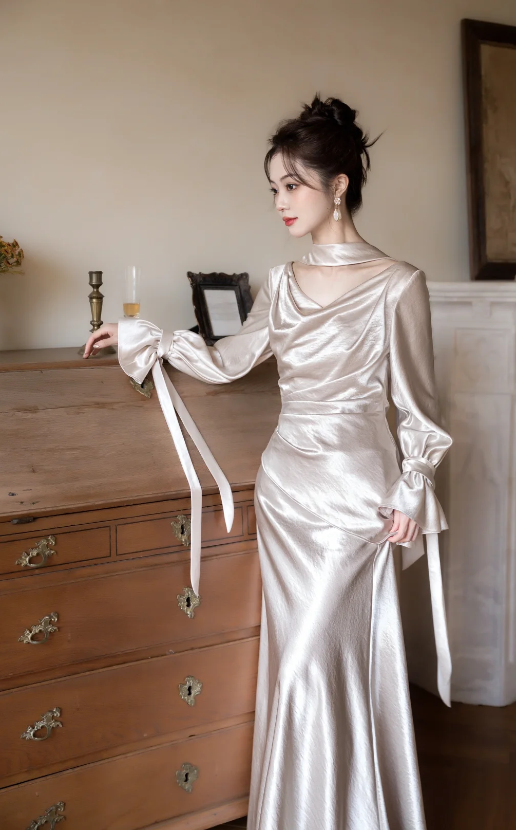 Classy Mermaid V Neck Satin With Long Sleeves Long Prom Dress, Evening Dress