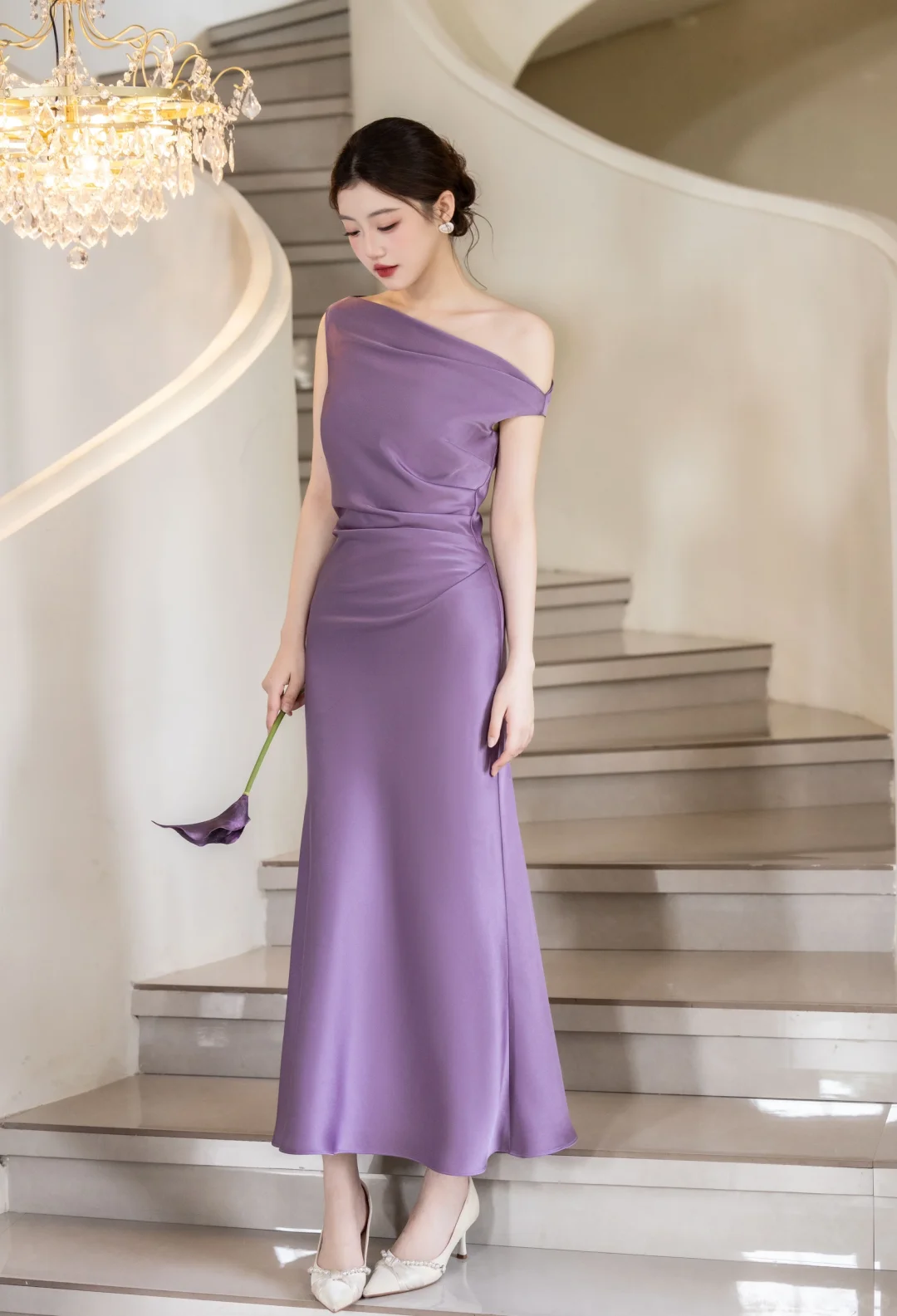 Modest Mermaid Off The Shoulder Lilac Satin Long Prom Dress, Evening Dress