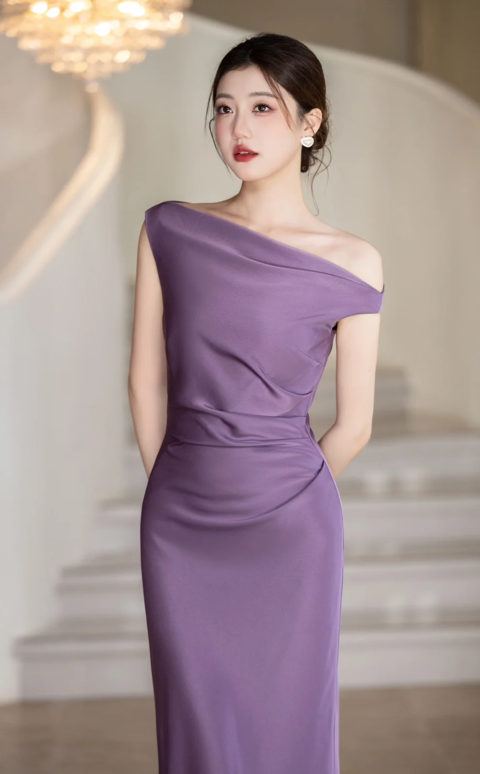 Modest Mermaid Off The Shoulder Lilac Satin Long Prom Dress, Evening Dress