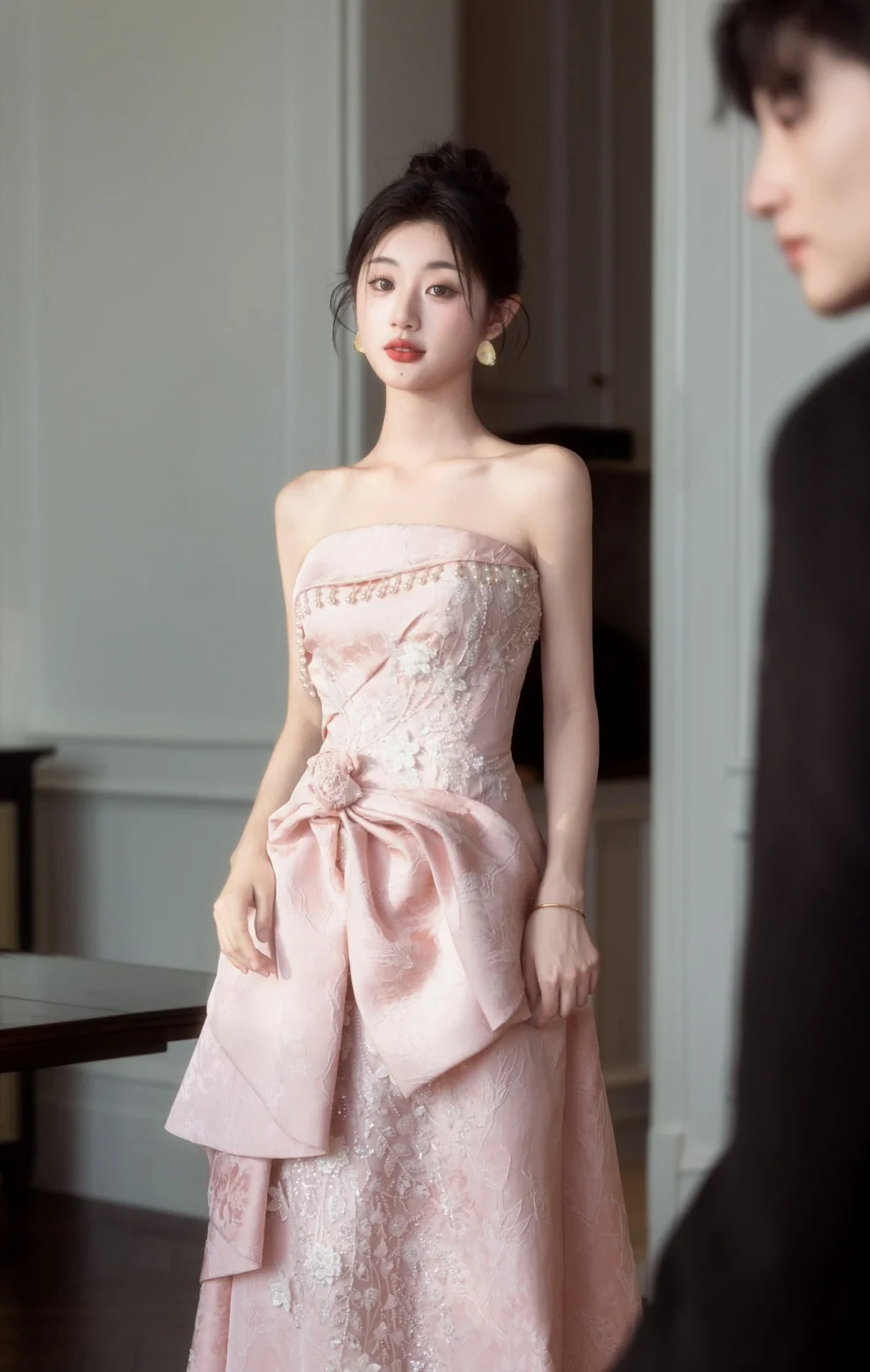 Gorgeous A Line Strapless Satin Lace Long Prom Dress, Evening Dress