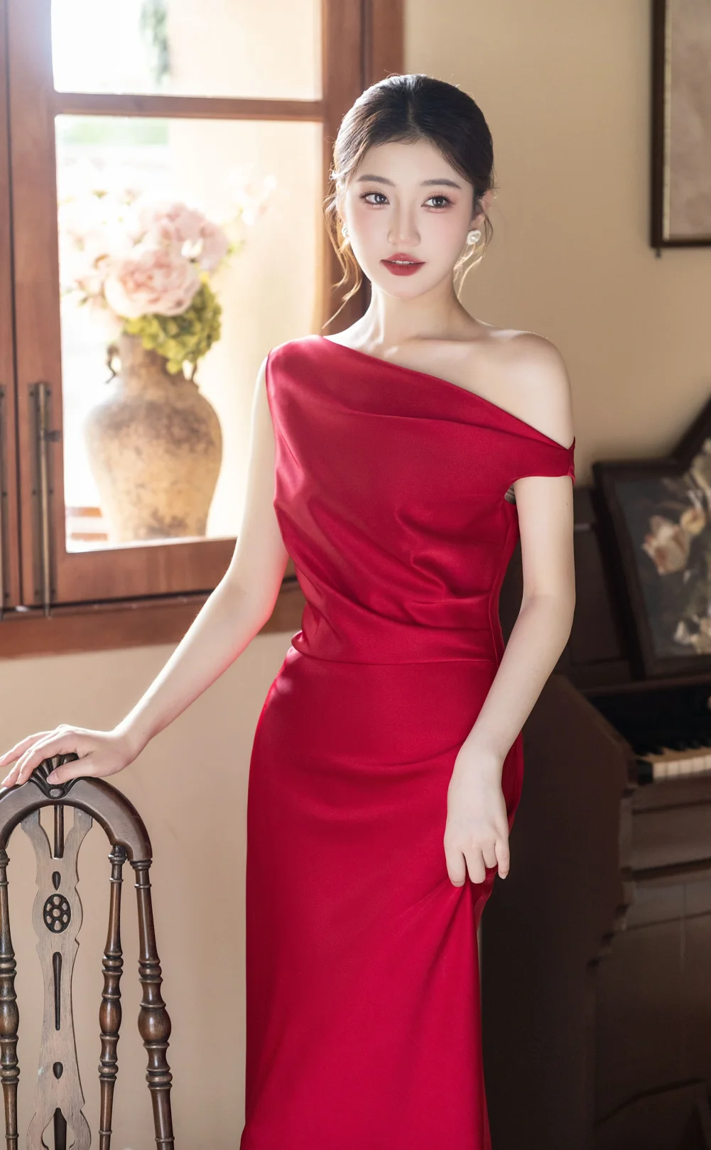 Classy Burgundy Mermaid Off The Shoulder Satin Long Prom Dress, Evening Dress