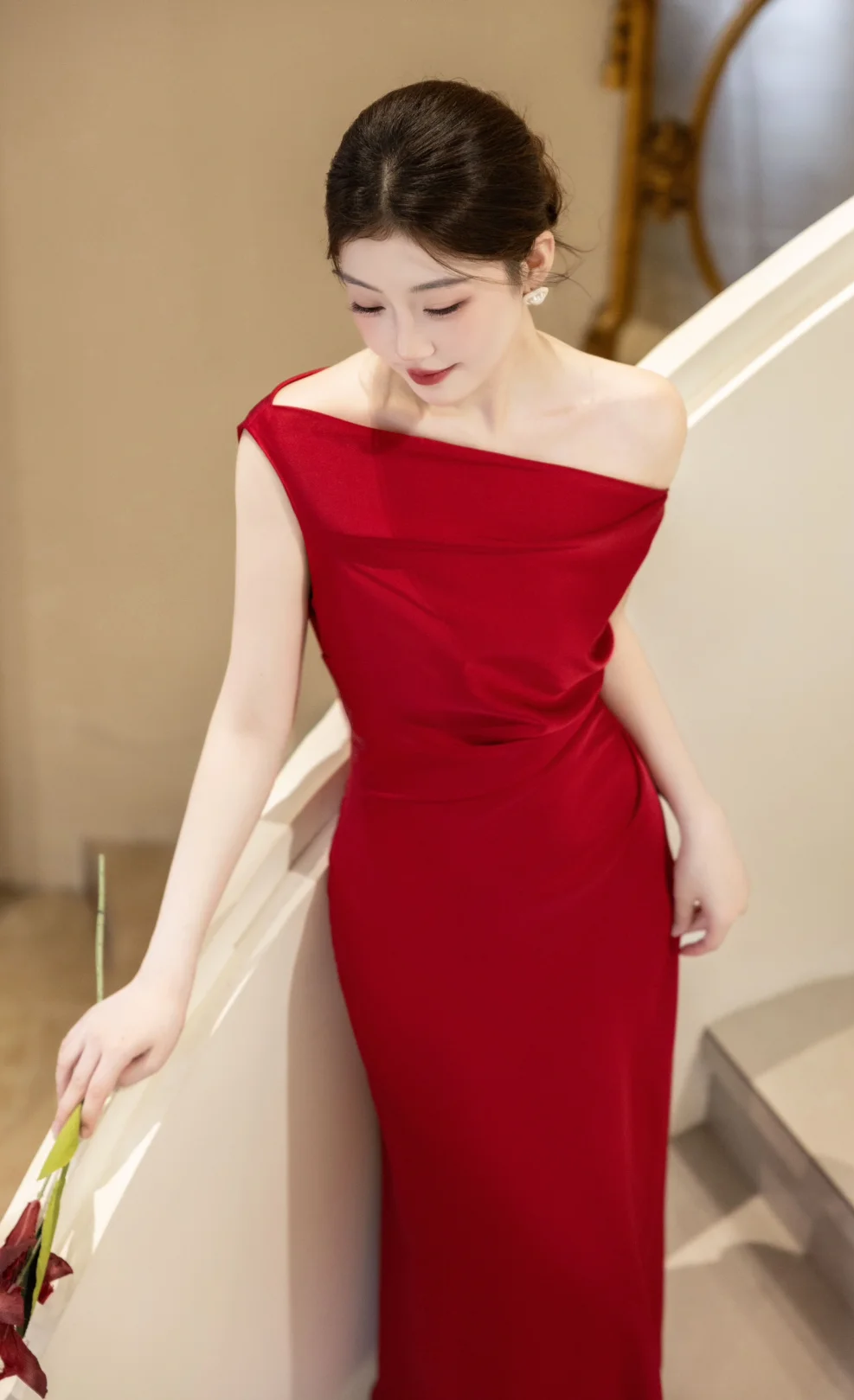 Classy Burgundy Mermaid Off The Shoulder Satin Long Prom Dress, Evening Dress