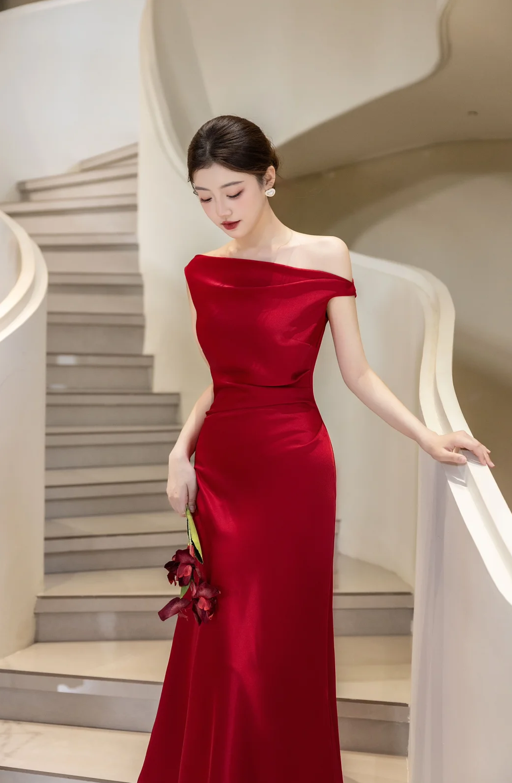 Classy Burgundy Mermaid Off The Shoulder Satin Long Prom Dress, Evening Dress