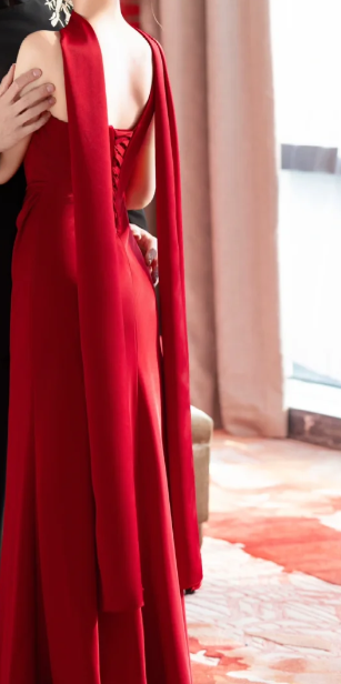 Chic Mermaid One Shoulder Burgundy Satin Long Prom Dress, Evening Dress