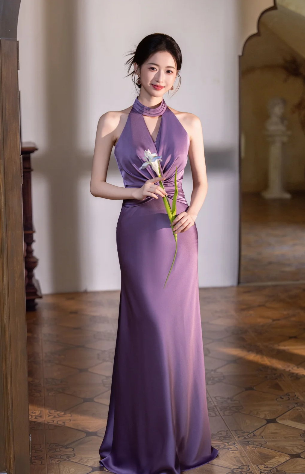 Elegant Mermaid Halter Pleated Satin Long Prom Dress, Evening Dress