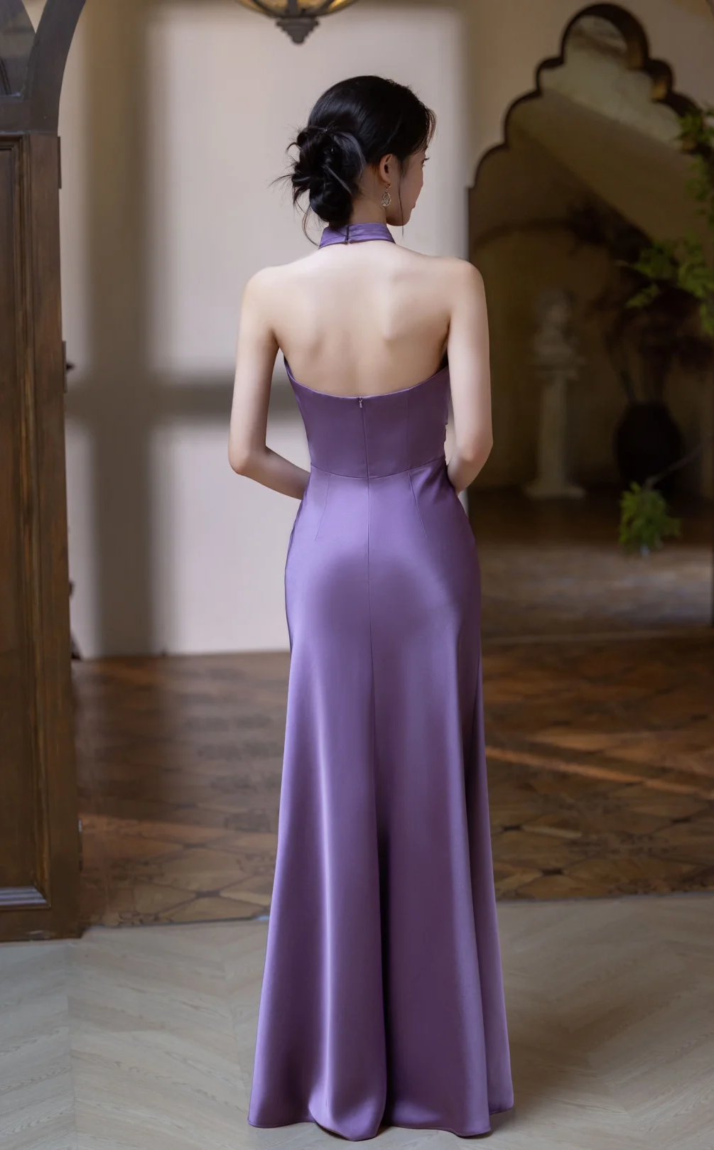Elegant Mermaid Halter Pleated Satin Long Prom Dress, Evening Dress