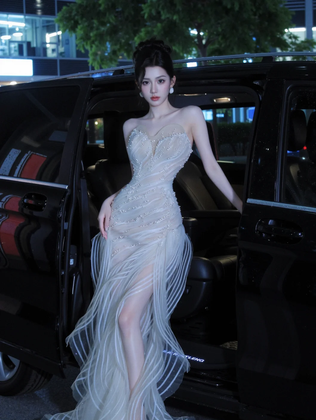 Romantic Mermaid Sweetheart Tulle Beaded Slit Long Prom Dress, Evening Dress