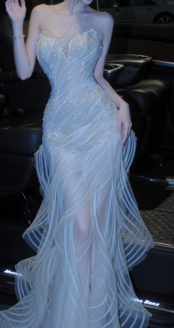 Romantic Mermaid Sweetheart Tulle Beaded Slit Long Prom Dress, Evening Dress
