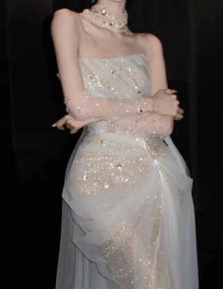 Shiny Pretty Mermaid Strapless Tulle Sequin Long Prom Dress, Evening Dress