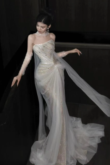Shiny Pretty Mermaid Strapless Tulle Sequin Long Prom Dress, Evening Dress