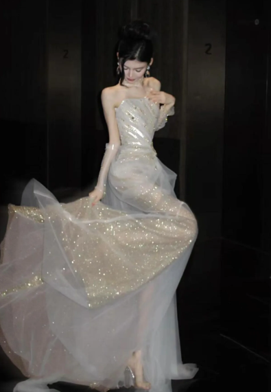 Shiny Pretty Mermaid Strapless Tulle Sequin Long Prom Dress, Evening Dress