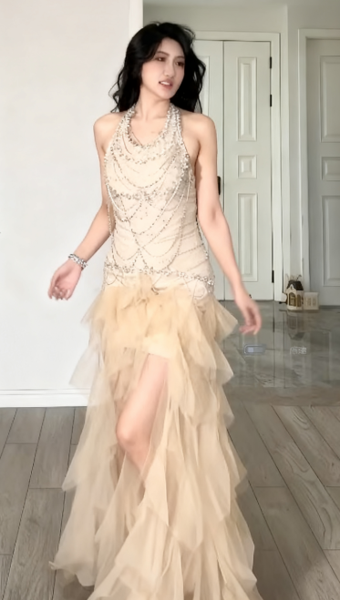 Unique Mermaid Halter Satin Ruffle Tulle Beaded Long Prom Dress, Evening Dress