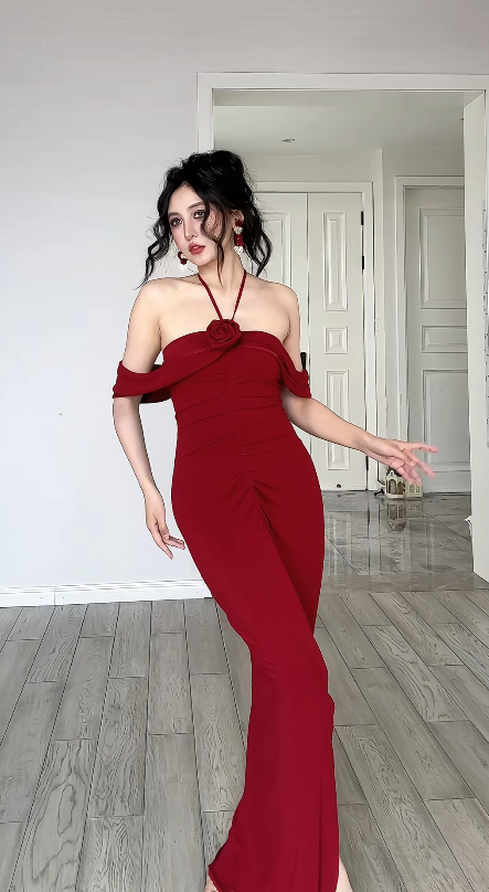 Modest Mermaid Halter Burgundy Satin Slit Long Prom Dress, Evening Dress