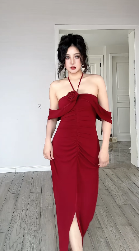 Modest Mermaid Halter Burgundy Satin Slit Long Prom Dress, Evening Dress