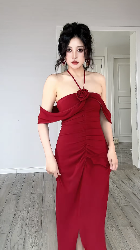 Modest Mermaid Halter Burgundy Satin Slit Long Prom Dress, Evening Dress