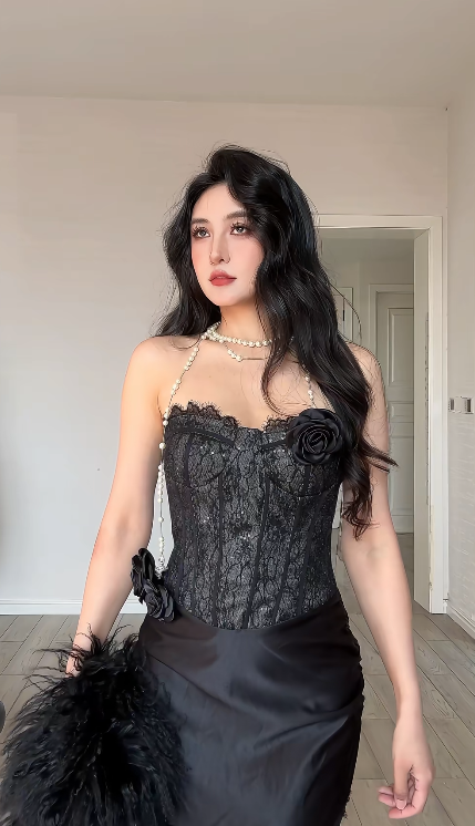Sexy Sheath Black Mermaid Strapless Satin Lace Long Prom Dress, Evening Dress