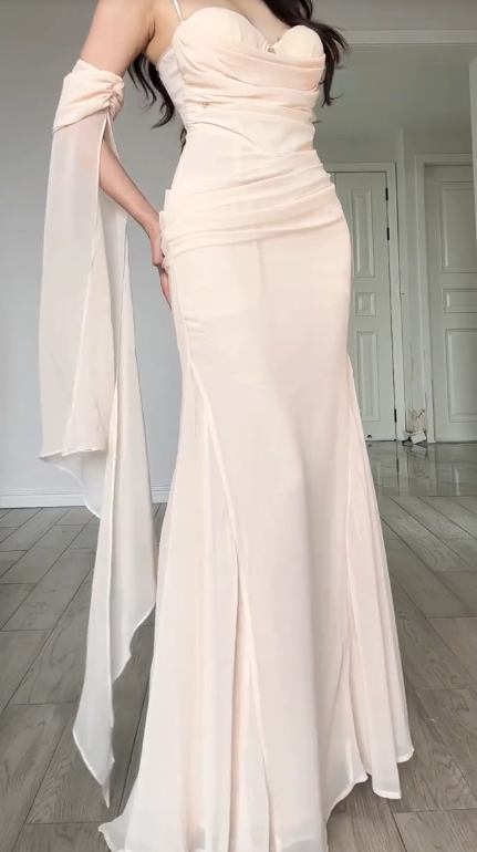 Elegant Mermaid Spaghetti Straps Chiffon Long Prom Dress, Evening Dress