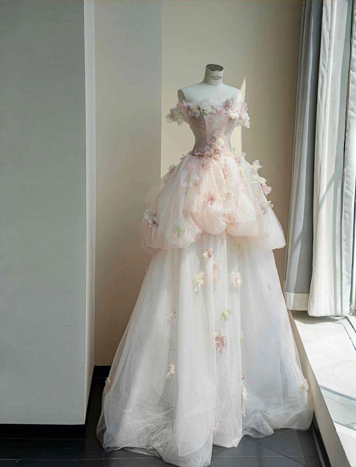 Sweet A Line Strapless Tulle Applique Long Prom Dress, Evening Dress